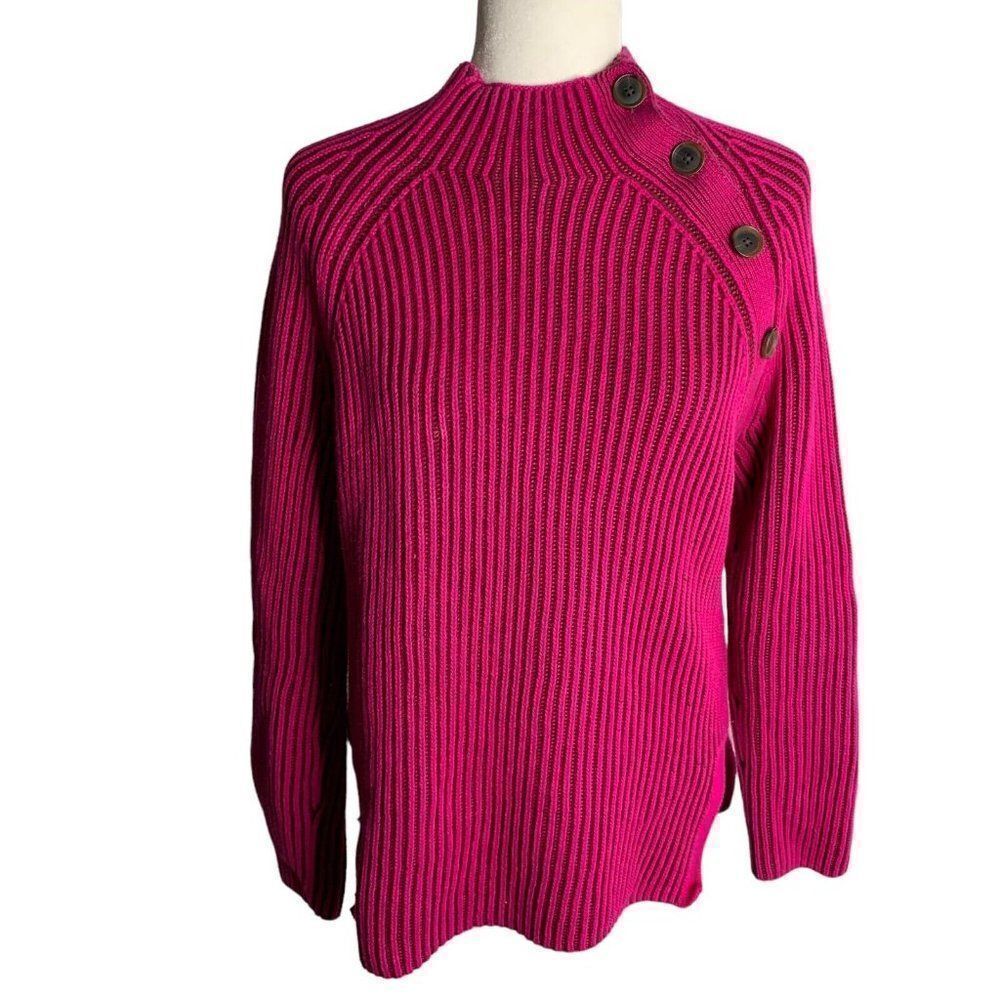 Vintage 90s Gap Cable Knit High Neck Sweater S Pink Buttons Pullover Raglan